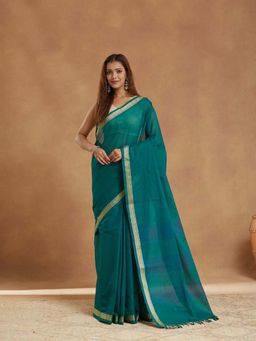 Fabindia - Teal Cotton Blend Saree with Unstitched Blouse