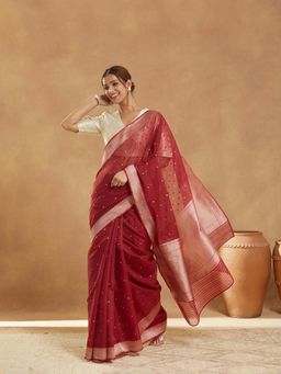 Fabindia - Red Cotton Silk Blend Banarsi Saree with Unstitched Blouse