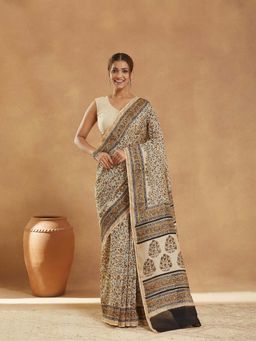 Fabindia - Beige Cotton Silk Blend Saree with Unstitched Blouse