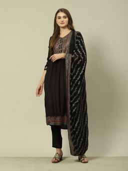 Rangriti - Black Viscose Straight Printed Kurta Pant (Set of 3)