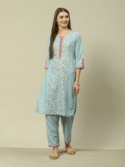 Rangriti - Aqua Viscose Straight Printed Kurta Pant (Set of 2)
