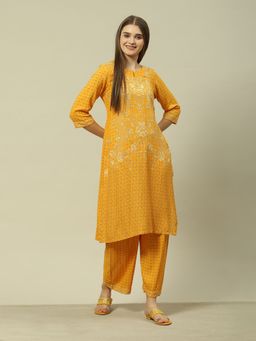 Rangriti - Yellow Viscose Straight Printed Kurta Palazzo (Set of 2)