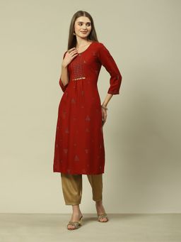Rangriti - Rust Viscose Straight Printed Kurta