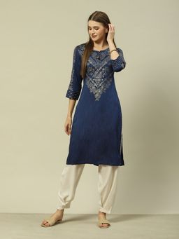 Rangriti - Blue Polyester Viscose Straight Printed Kurta