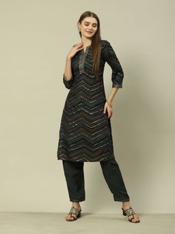 Rangriti - Black Viscose Straight Printed Kurta Pant (Set of 2)