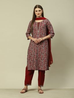 Rangriti - Maroon Viscose Straight Printed Kurta Pant (Set of 3)