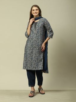 Rangriti - Navy Viscose Straight Printed Kurta Pant (Set of 3)