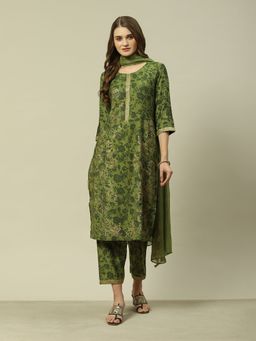 Rangriti - Green Polyester Chiffon Printed Kurta (Set of 3)