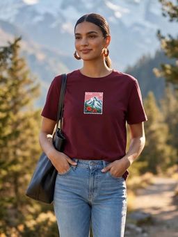 Nobero - Maroon Women Stylish Regular Fit Graphic Printed 180 GSM Combed Cotton T-Shirt
