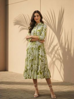 ZUMMER - Women Olive Tropical Print Fit and Flare Midi Dress