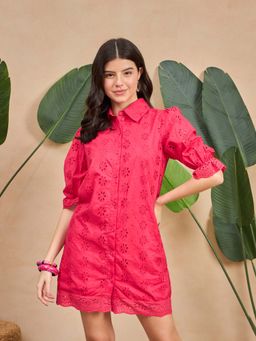ZUMMER - Women Pink Schiffli Puff Sleeves Shirt Dress