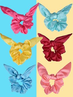 OOMPH - Combo of 6 Satin Silk Yellow Pink Red Green Bunny Scrunchy Rubber Band Hair Tie