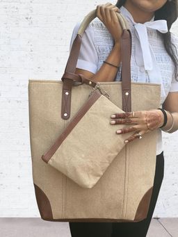 Mona B - Women Brown Canvas Tote Bag With Pouch