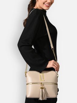 Lavie Luxe - Women Beige Tiara25 Tassel Sling Bag with Detachable Strap (M)
