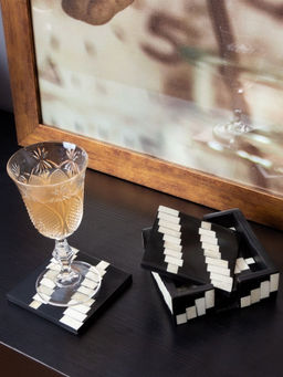 Home Couture Collective - Monchrome Wood Inlay Black Ivory Coaster (Pack of 4)
