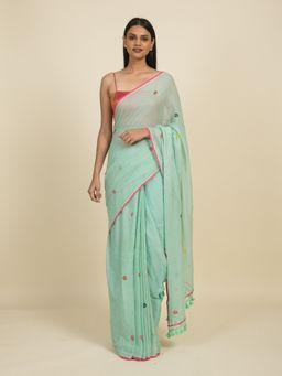 Suta - Sea Green Floral Block Printed Pure Cotton Saree