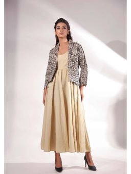 Keva Clothing - Women Beige Pure Cotton Abstract Maxi Dress With Jacket