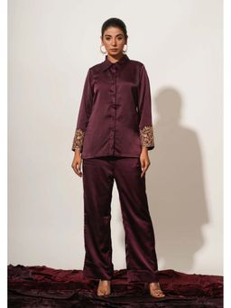 Keva Clothing - Maroon Embellished Shirt with Trousers