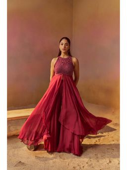 Qunic - Dusty Red Indowestern Hand Embroidery Co-Ord Set