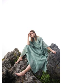 Raas Life - Rani Green Polka Printed Midi Kaftan Dress