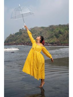 Raas Life - Zoe Yellow Pure Cotton Floral Printed A Line Midi Dress