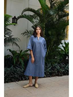 Raas Life - Soiraoe Blue Cotton Solid A Line Midi Dress