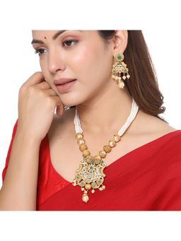 Yellow Chimes - Gold Plated Green Pearl White Moti beaded Jewellery Set
