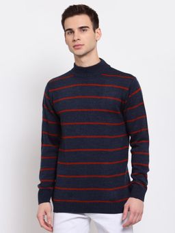 Style Quotient - Men Navy Blue & Red Striped Pullover Sweater