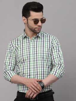 Style Quotient - Men White & Bottle Green Checks Polycotton Regular Formal Shirt