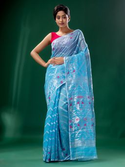 CHARUKRITI - Blue Cotton Silk Handwoven Soft Jamdani Saree without Blouse