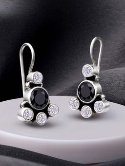 Peora - 925 Sterling Silver CZ Oxidised Finish Anti Tarnish Black Colour Stone Earrings-PF59E52BL