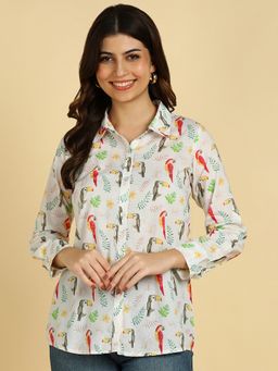 Maaesa - White Women Casual Printed Cotton Regular Fit Shirt