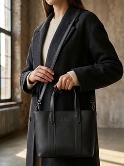 The House Of Ganges - Black Mini Carryall Vegan Leather Handbag with Detachable Straps