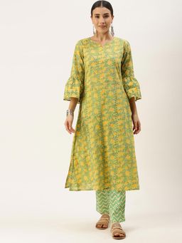 Shaily - Women Green & Yellow Printed Kurta With Trousers (set Of 2)