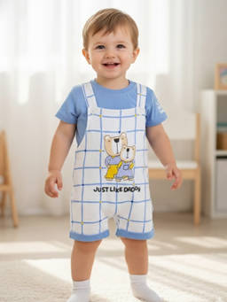 KIDNIP - Blue Printed Baby Dungaree Romper with T-Shirt
