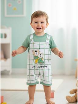 KIDNIP - Green Printed Baby Dungaree Romper with T-Shirt