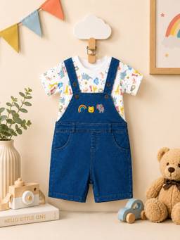 KIDNIP - Blue Printed Baby Dungaree Romper with T-Shirt