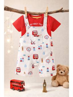 KIDNIP - Red Printed Baby Dungaree Romper with T-Shirt
