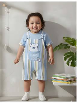 KIDNIP - Blue Printed Baby Dungaree Romper with T-Shirt