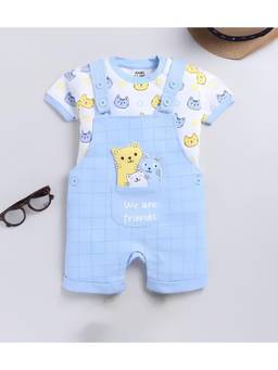KIDNIP - Blue Printed Baby Dungaree Romper with T-Shirt