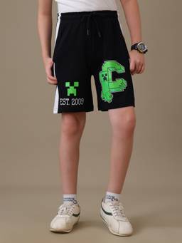 Kidsville - Official Minecraft creeper Graphic Printed Black Shorts For Boys
