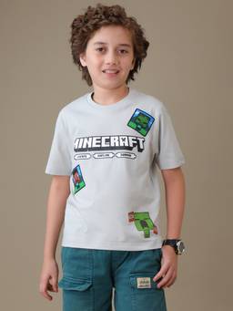 Kidsville - Official Minecraft Printed Regular Fit Grey Pure Cotton T-Shirt For Boys