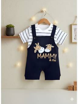 KIDNIP - Navy Blue Printed Baby Dungaree Romper with T-Shirt
