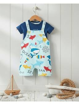 KIDNIP - Blue Printed Baby Dungaree Romper with T-Shirt