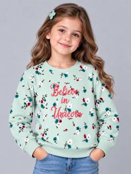 PLUM TREE - Girls Green Premium Soft Cotton Full Sleeve Printed Sweatshirt