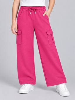 PLUM TREE - Girls Pink Premium Soft Cotton Wide Leg Cargo Pocket Pants
