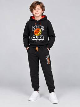 PLUM TREE - Boys Black Premium Soft Cotton Printed Hooded Sweatshirt and Jogger