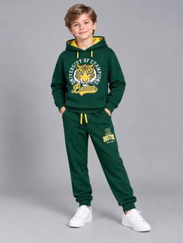 PLUM TREE - Boys Green Premium Soft Cotton Printed Hooded Sweatshirt and Jogger