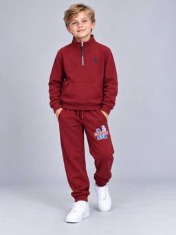 PLUM TREE - Boys Burgundy Premium Soft Cotton Printed Hi-Neck Sweatshirt and Jogger