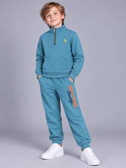 PLUM TREE - Boys Teal Premium Soft Cotton Printed Hi-Neck Sweatshirt and Jogger